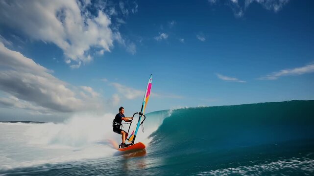 Man windsurfing on ocean wave under clear blue sky, riding high speed over water surface with colorful sail and sea spray trailing behind. 4K video