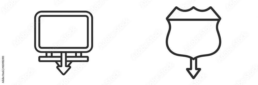 Poster simplistic line drawings of a billboard and a shield with downward arrows in a minimalist style