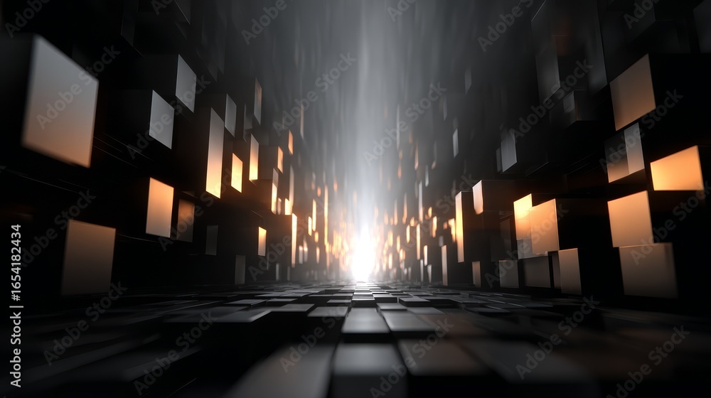 Poster an immersive journey into a dark mysterious chamber filled with countless geometric squares creating