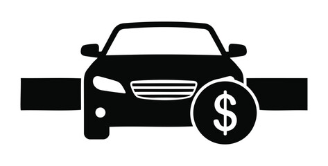 A black car with a dollar sign next to it representing car finance and automotive expenses cost vector