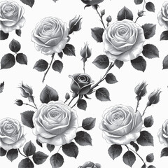 A black and white floral pattern of roses and leaves