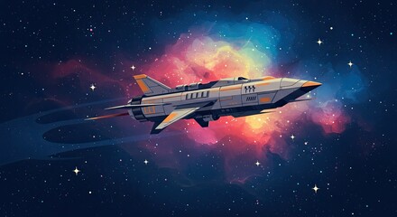 Futuristic Spaceship Flying Through Colorful Galaxy Nebula with Stars