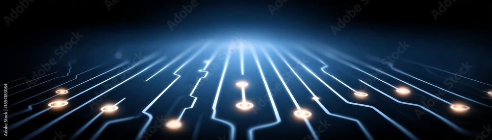 Poster futuristic digital circuit board with glowing pathways of light and energy streams representing data