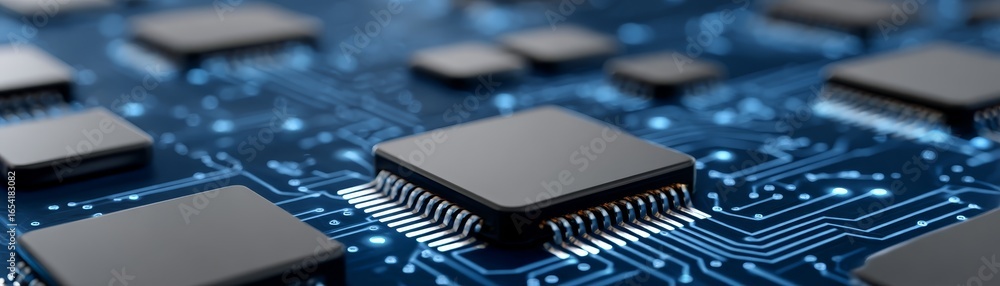 Poster extreme close up macro photograph of a silicon computer chip revealing the complex electronic circui