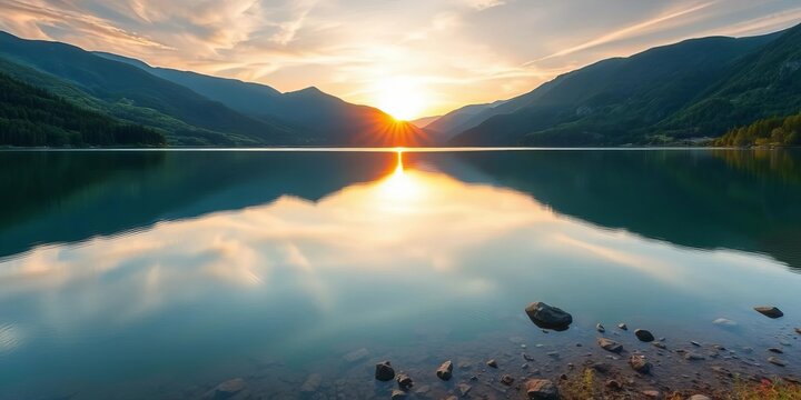 Serene mountain lake sunrise, vibrant green landscape reflected in calm water,  natural,  serenity