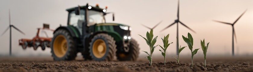Obraz premium Agricultural tractor maneuvering through a vast lush green field of growing crops during a sunny day showcasing modern farming techniques and the food production cycle in a rural landscape.