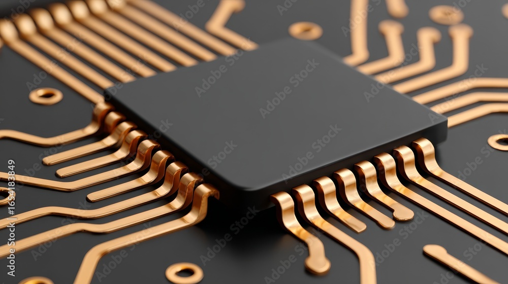 Poster macro photograph of a complex integrated circuit a powerful microprocessor computer chip resting on 