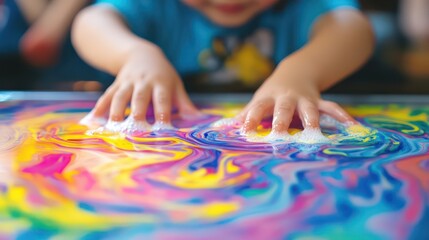 Obraz premium Children creating colorful, swirling milk art using food coloring and soap in a science-themed session