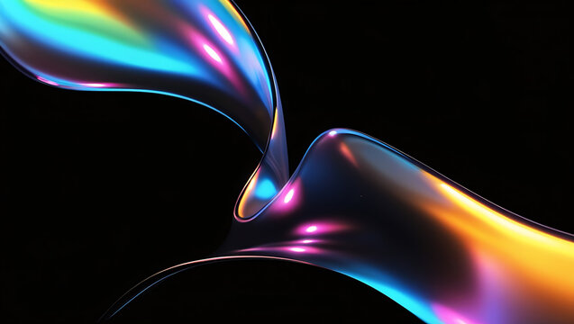 Dark abstract futuristic background. Iridescent fluid wave render. Glass prism light refraction. Rainbow gradient flare. Smooth transition. Bright glow shimmer. Neon metallic blur texture.