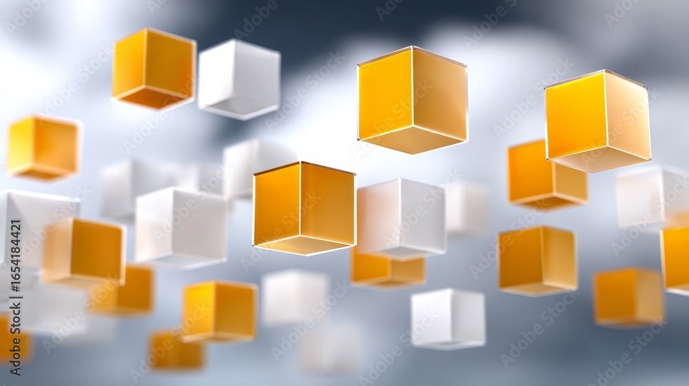 Poster a mesmerizing digital art visualization of multiple geometric cubes floating weightlessly in a surre