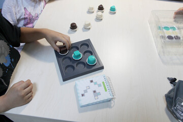 Board game, a visual perception exercise for visual therapy. Pieces of different colors and shapes...