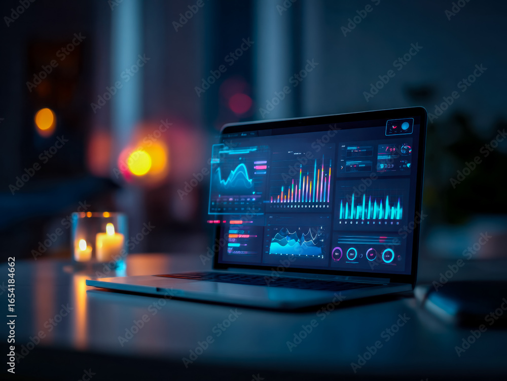 Poster data analytics monitoring on a modern laptop in a dimly lit workspace