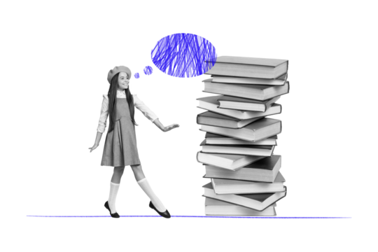 Cute schoolgirl uniform collage advert supplies library bookworm dreaming textbox round cloud enjoy literature isolated on page background