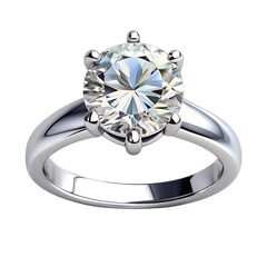 A beautiful solitaire diamond engagement ring, showcasing a brilliant cut diamond set in a polished white gold band, isolated on transparent background