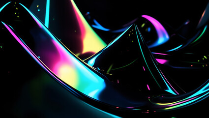 Abstract minimalist 3D render of iridescent glass shape with rainbow prism reflections on dark background. Futuristic crystal design with glowing light refraction and modern digital art.