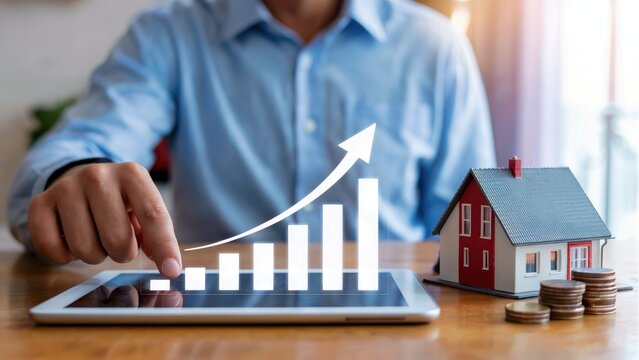 Gain real estate investment insights with a rising graph and house model, driving financial growth.