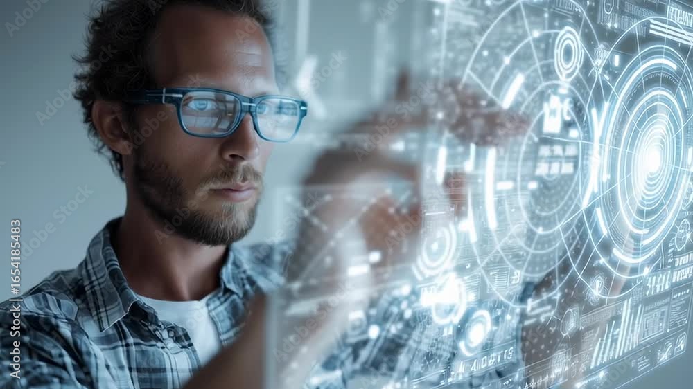 Poster a man is looking at a computer screen with a blue circle on it. he is wearing glasses and he is focu