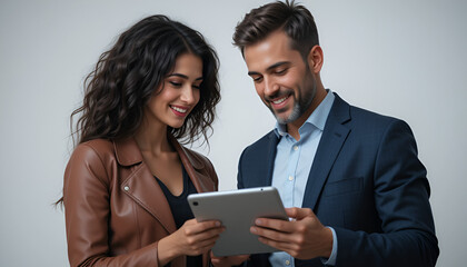 Smiling business partners collaborate on tablet, discussing strategy and achieving success together