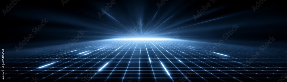 Poster abstract blue background with glowing neon lines and radiant light rays creating a futuristic digita