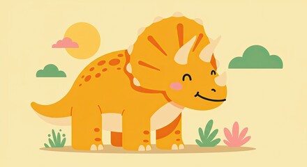 Naklejka premium Happy Orange Triceratops Cartoon on Cream Background
