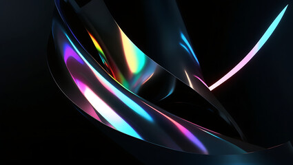 Black dark abstract background. Iridescent glass prism shape. Minimalist fluid 3D render. Camera flare, rainbow light reflection. Smooth curve. Glow shimmer neon metallic. Blurred digital texture.