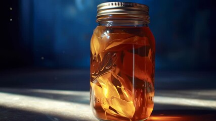A jar of flowers is sitting on a table. The jar is filled with a liquid and the flowers are floating in it. The jar is made of glass and has a metal lid. The flowers are yellow and the liquid is brown - Powered by Adobe
