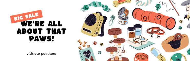 Advertising banner design of pet store with accessories for cats and dogs. Promotion template of petshop with items for domestic animals. Layout with care supplies, toys. Flat vector illustration.