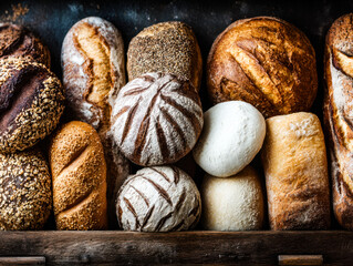 Assorted artisanal bread and rolls display in a bakery tray
