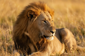 Majestic male lion resting in golden savanna grass, dense brown mane, eyes closed, surrounded by swaying tall grass with warm yellow background