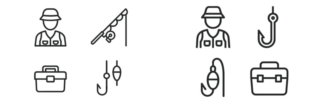 Vector illustration of fishing equipment and a fisherman with tools