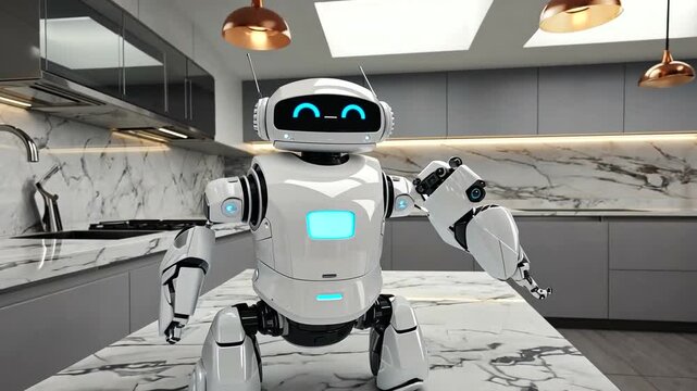 Friendly robot chef interacting in a modern kitchen with marble countertops and pendant lights