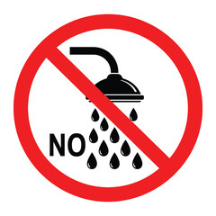 A circular red prohibition sign with a shower head and water droplets indicating no showers allowed vector