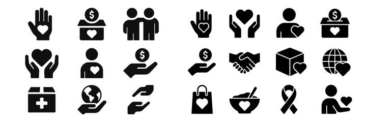 Vector art of diverse charity icons for community support