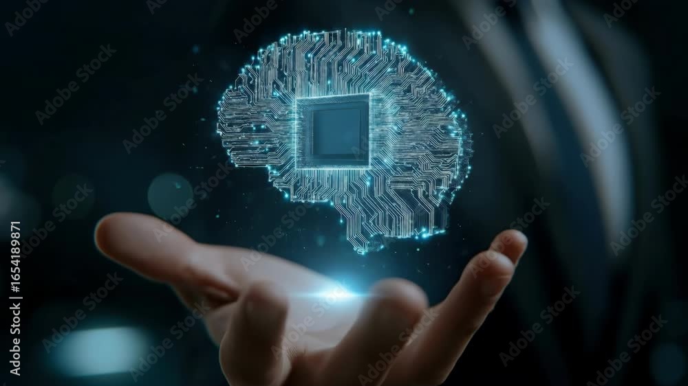 Poster a futuristic digital brain artificial intelligence technology innovation with glowing microchip circ
