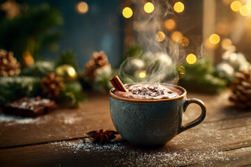 Fototapeta premium Cozy holiday hot chocolate with cinnamon on a festive wooden table