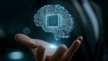 A futuristic digital brain artificial intelligence technology innovation with glowing microchip circuit and blue light above human hand, modern science concept of advanced digital brain, artificial - Powered by Adobe