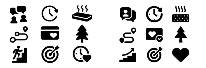 Black symbols depicting time and activity in a vector style
