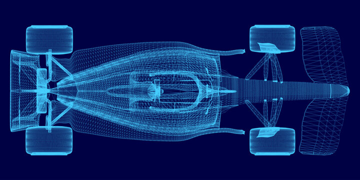 A detailed blueprint of a Formula 1 car showcases the intricate wireframe design on a vibrant blue background. The sportcar's aerodynamic structure, technical components.