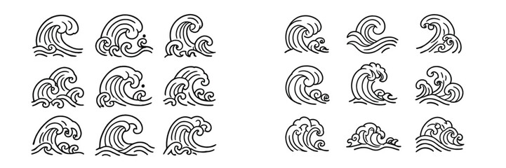 Fototapeta premium Various stylized wave designs showcasing ocean movements and patterns