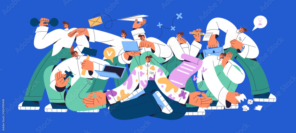 Poster multitasking concept. workaholic does multiple businesses and many tasks. employee is overloaded. ef