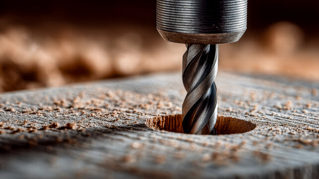 Close-up of a drill bit cutting into wood surface with wood shavings