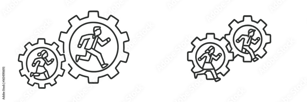 Aufkleber running figures inside gears representing teamwork and productivity