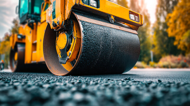 Close-up of a yellow road roller compacting asphalt on a city street in autumn