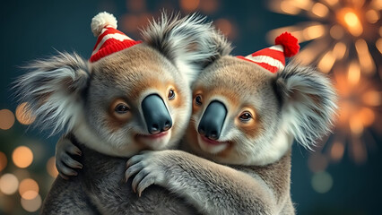 Close-up of koalas exchanging a festive hug