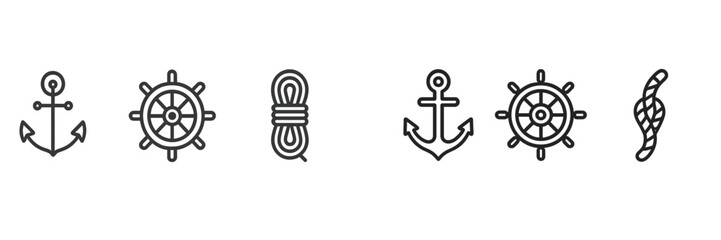 Obraz premium Marine symbols featuring anchors, ropes, and steering wheels