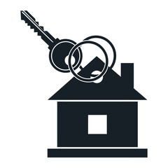 Black and white illustration of a house with a chimney and keys on the roof of the house icon vector