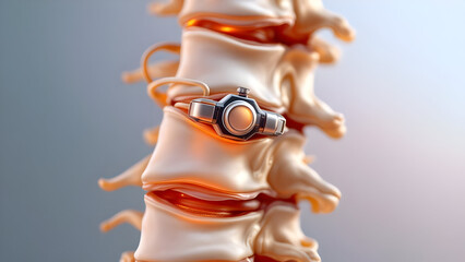 Close up of a spine with a metal and orange device attached for medical treatment or enhancement