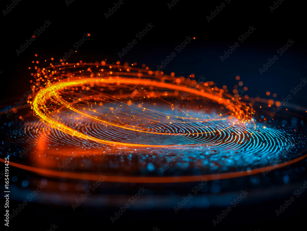 Poster digital data flow visualization with dynamic light trails and interconnected nodes