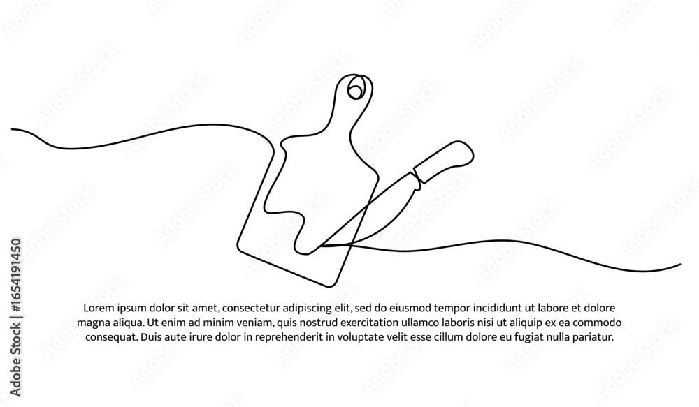 Poster one line of cutting board and knife. abstract minimal continuous line.