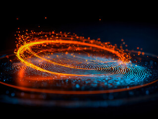 Digital data flow visualization with dynamic light trails and interconnected nodes